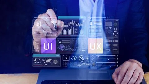 UI UX interface design concept with virtual wireframe. AI technology icons .. Foto stock