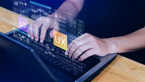 UI UX interface design concept with virtual wireframe. AI technology icons .. Foto stock
