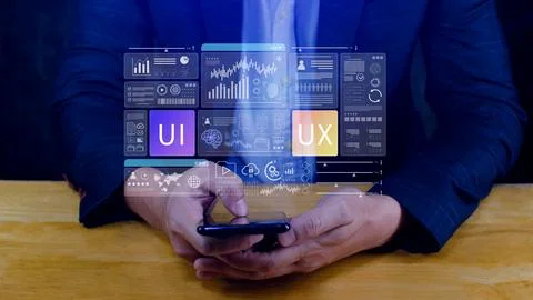 UI UX interface design concept with virtual wireframe. AI technology icons .. Foto stock