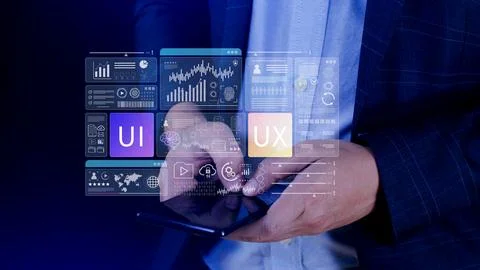 UI UX interface design concept with virtual wireframe. AI technology icons .. Stockfoto's