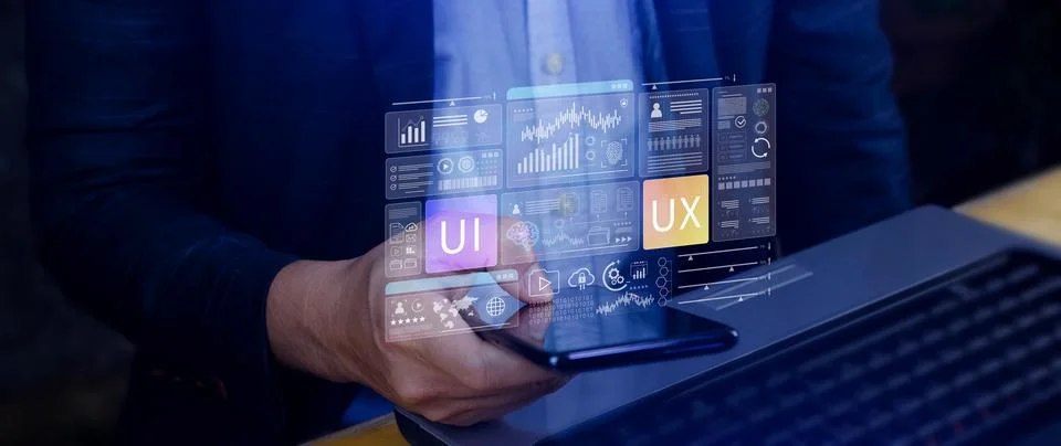 UI UX interface design concept with virtual wireframe. AI technology icons .. 写真素材