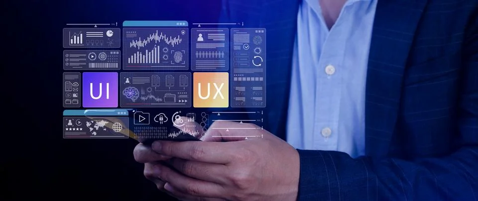 UI UX interface design concept with virtual wireframe. AI technology icons .. Foto stock