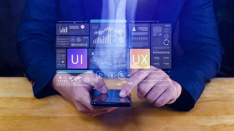 UI UX interface design concept with virtual wireframe. AI technology icons .. Foto stock