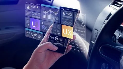 UI UX interface design concept with virtual wireframe. AI technology icons .. 写真素材