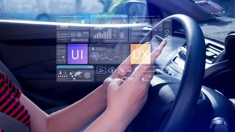 UI UX interface design concept with virtual wireframe. AI technology icons .. Foto stock