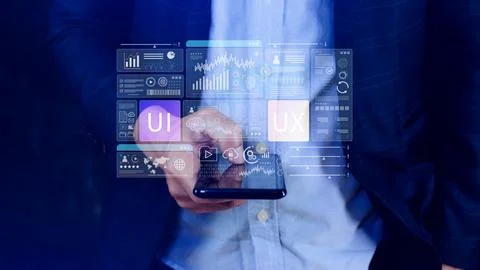 UI UX interface design concept with virtual wireframe. AI technology icons .. Stock Photos