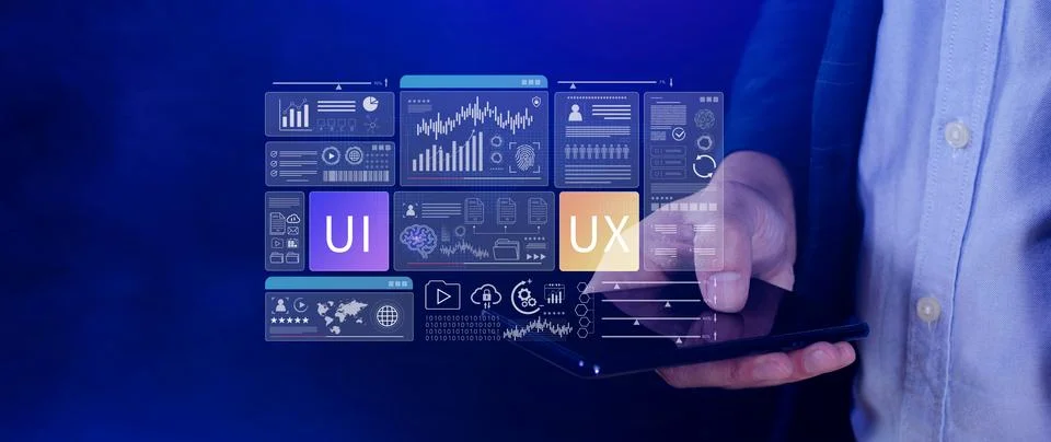 UI UX interface design concept with virtual wireframe. AI technology icons .. Foto stock