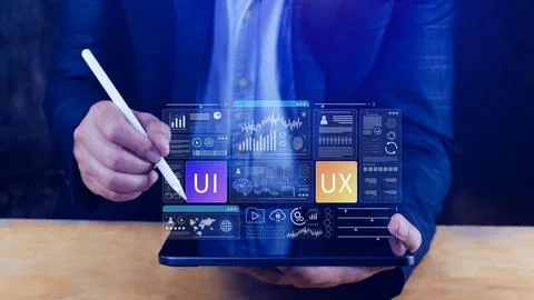 UI UX interface design concept with virtual wireframe. AI technology icons .. 写真素材