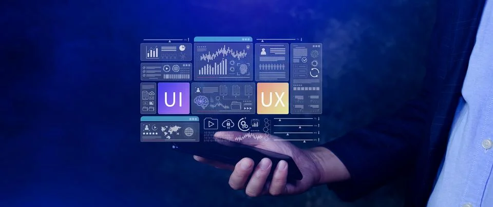 UI UX interface design concept with virtual wireframe. AI technology icons .. Stockfoto's