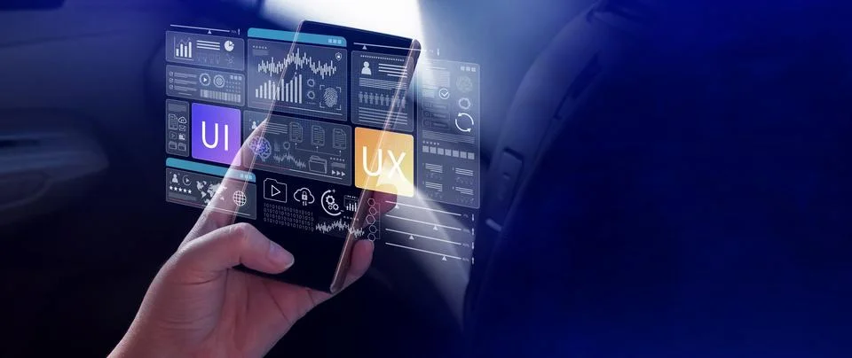 UI UX interface design concept with virtual wireframe. AI technology icons .. Foto stock
