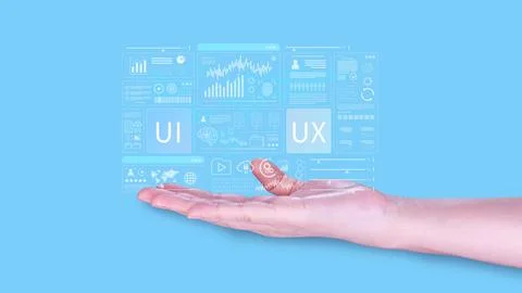 UI UX interface design concept with virtual wireframe. AI technology icons .. Stock Photos