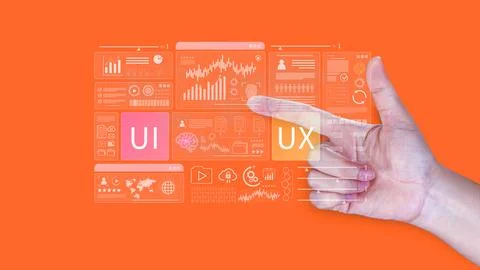 UI UX interface design concept with virtual wireframe. AI technology icons .. Foto stock