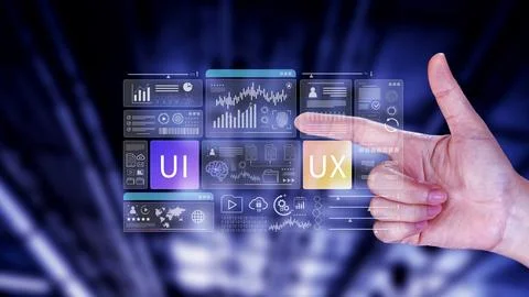 UI UX interface design concept with virtual wireframe. AI technology icons .. Foto stock