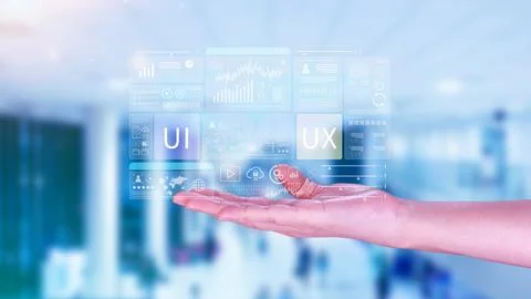 UI UX interface design concept with virtual wireframe. AI technology icons .. Stock Photos