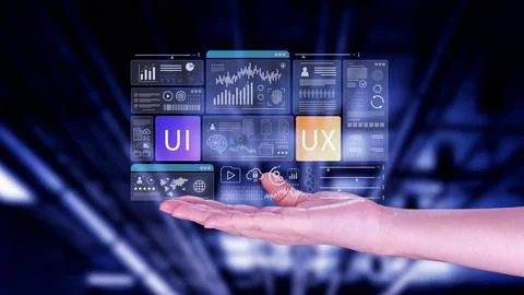 UI UX interface design concept with virtual wireframe. AI technology icons .. 스톡 사진
