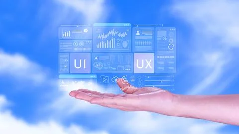 UI UX interface design concept with virtual wireframe. AI technology icons .. 스톡 사진