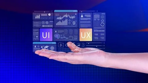 UI UX interface design concept with virtual wireframe. AI technology icons .. Foto stock
