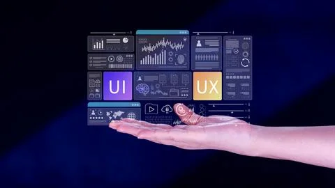 UI UX interface design concept with virtual wireframe. AI technology icons .. Foto stock