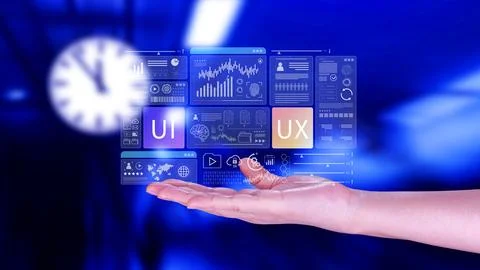 UI UX interface design concept with virtual wireframe. AI technology icons .. 스톡 사진