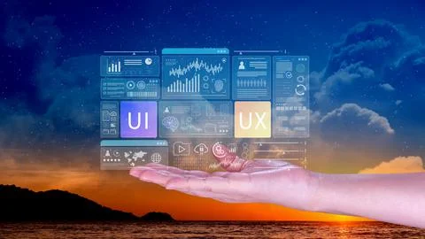 UI UX interface design concept with virtual wireframe. AI technology icons .. 写真素材