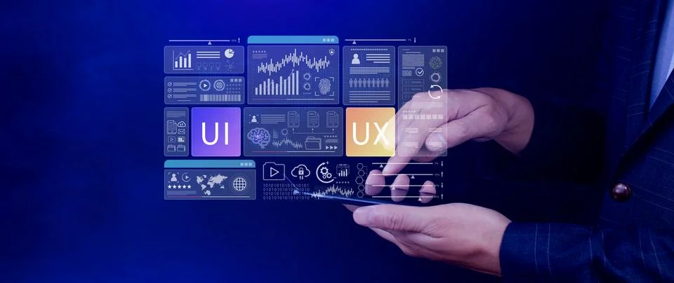 UI UX interface design concept with virtual wireframe. AI technology icons .. Foto stock