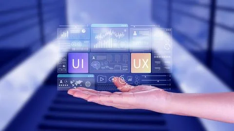 UI UX interface design concept with virtual wireframe. AI technology icons .. 写真素材