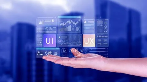 UI UX interface design concept with virtual wireframe. AI technology icons .. Foto stock
