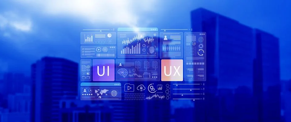 UI UX interface design concept with virtual wireframe. AI technology icons .. Foto stock