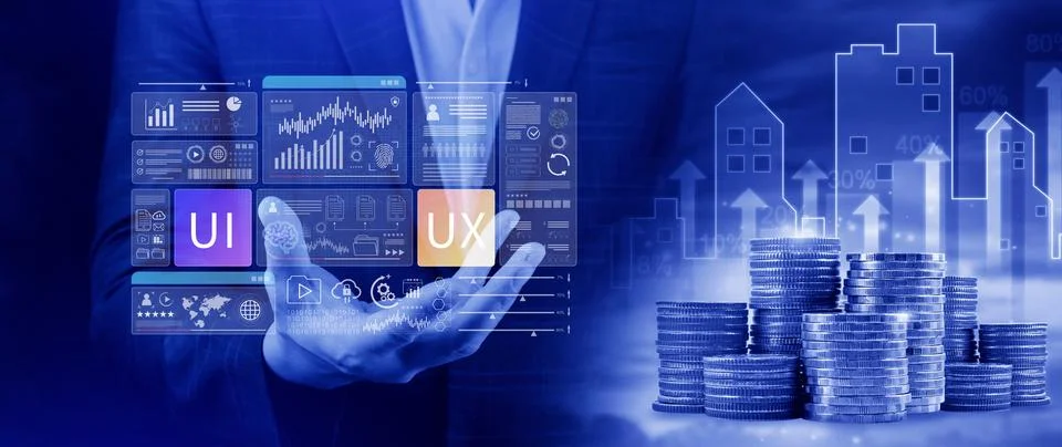 UI UX interface design concept with virtual wireframe. AI technology icons .. Foto stock