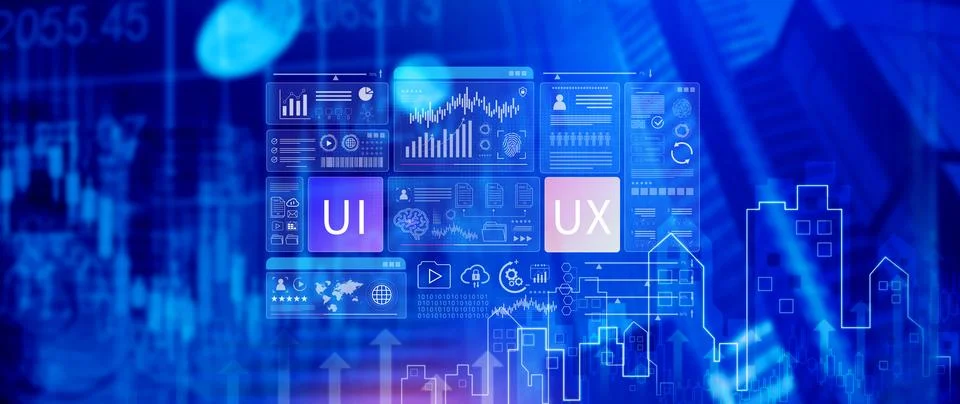 UI UX interface design concept with virtual wireframe. AI technology icons .. 스톡 사진
