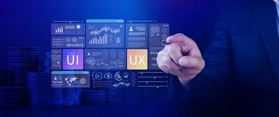 UI UX interface design concept with virtual wireframe. AI technology icons .. Foto stock