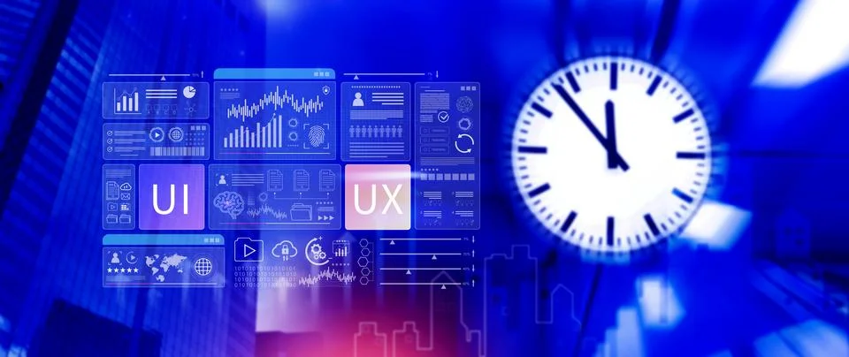 UI UX interface design concept with virtual wireframe. AI technology icons .. Photos