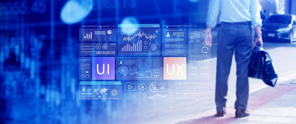 UI UX interface design concept with virtual wireframe. AI technology icons .. Foto stock