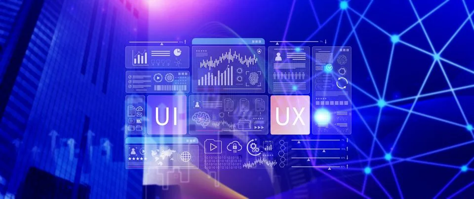 UI UX interface design concept with virtual wireframe. AI technology icons .. Stock Photos