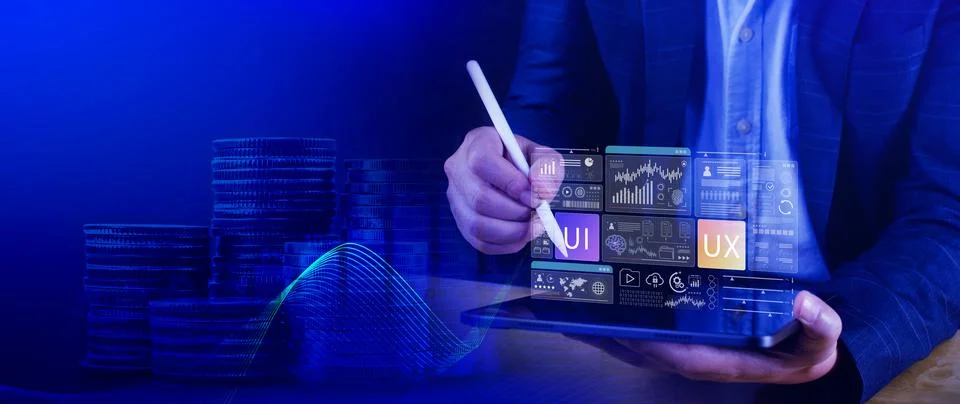 UI UX interface design concept with virtual wireframe. AI technology icons .. 写真素材