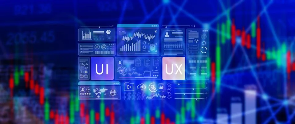 UI UX interface design concept with virtual wireframe. AI technology icons .. Foto stock
