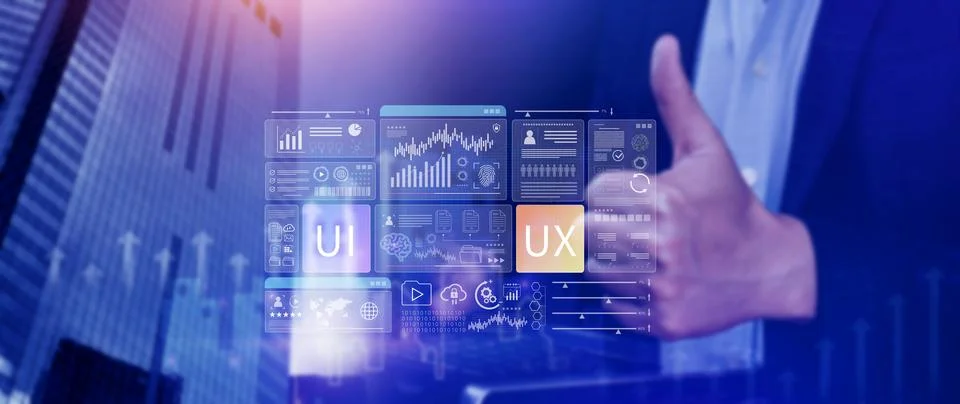 UI UX interface design concept with virtual wireframe. AI technology icons .. Foto stock