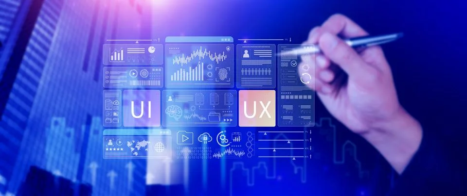 UI UX interface design concept with virtual wireframe. AI technology icons .. Foto stock