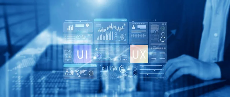UI UX interface design concept with virtual wireframe. AI technology icons .. Foto stock