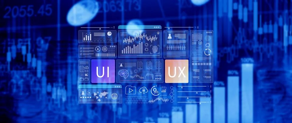 UI UX interface design concept with virtual wireframe. AI technology icons .. 스톡 사진