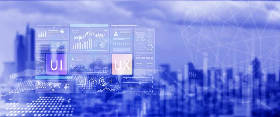 UI UX interface design concept with virtual wireframe. AI technology icons .. 库存照片