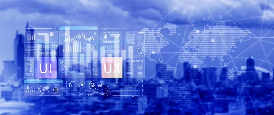 UI UX interface design concept with virtual wireframe. AI technology icons .. 写真素材