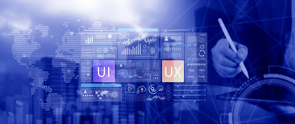 UI UX interface design concept with virtual wireframe. AI technology icons .. Foto stock