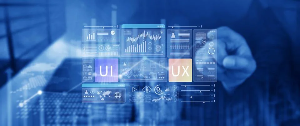 UI UX interface design concept with virtual wireframe. AI technology icons .. Foto stock