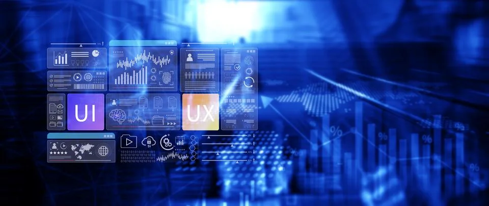 UI UX interface design concept with virtual wireframe. AI technology icons .. Stock Photos