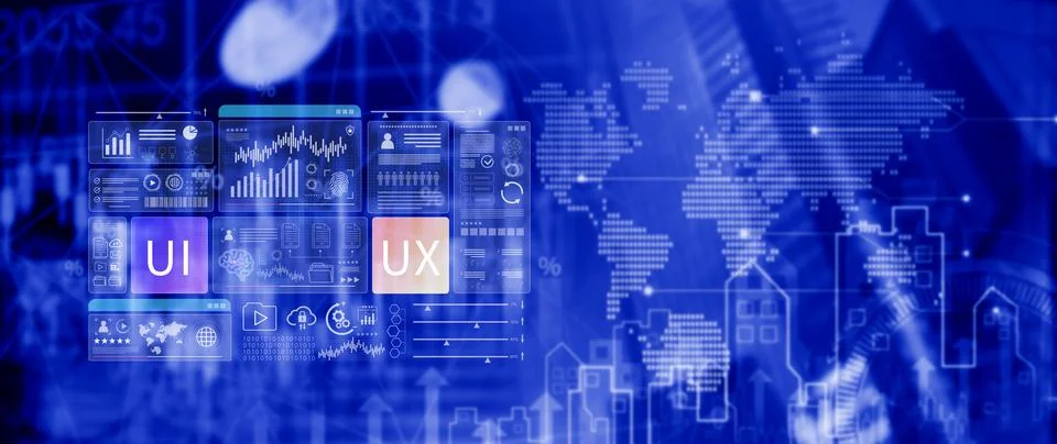 UI UX interface design concept with virtual wireframe. AI technology icons .. Stock Photos