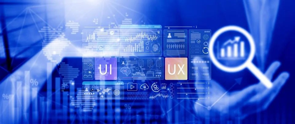 UI UX interface design concept with virtual wireframe. AI technology icons .. 写真素材