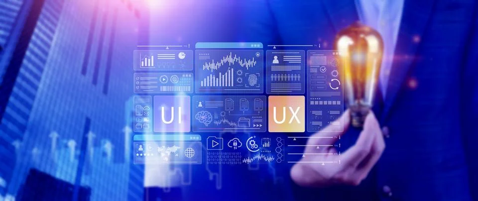 UI UX interface design concept with virtual wireframe. AI technology icons .. Foto stock