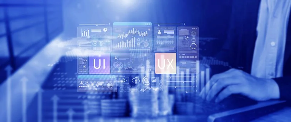 UI UX interface design concept with virtual wireframe. AI technology icons .. 写真素材