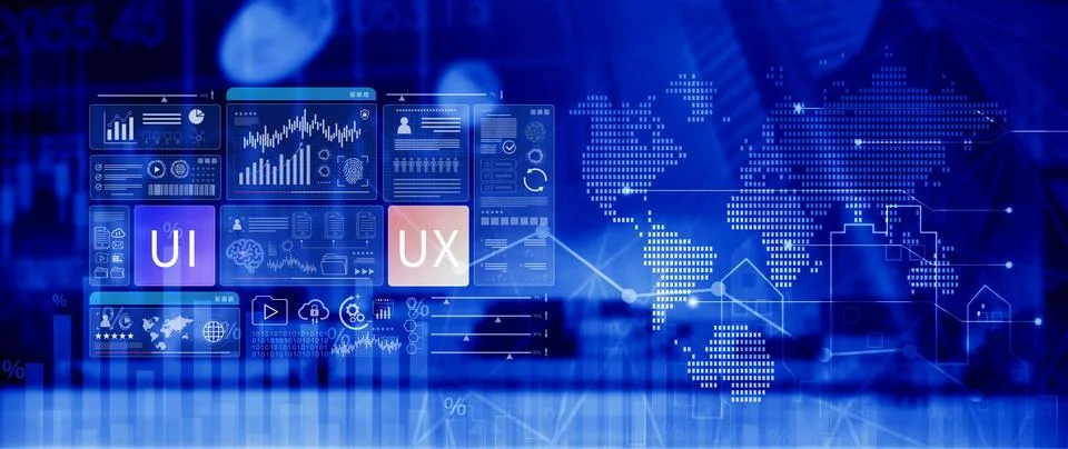 UI UX interface design concept with virtual wireframe. AI technology icons .. Foto stock